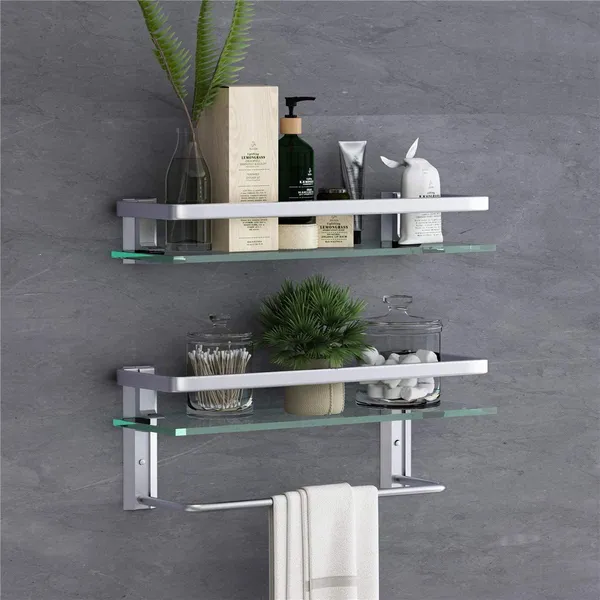 Glass Bathroom Shelf 15.7in Bathroom Shelf Wall Mounted Floating Glass Shelves With Towel Holder Glass Shower Shelf 2 Tier_voghion.com