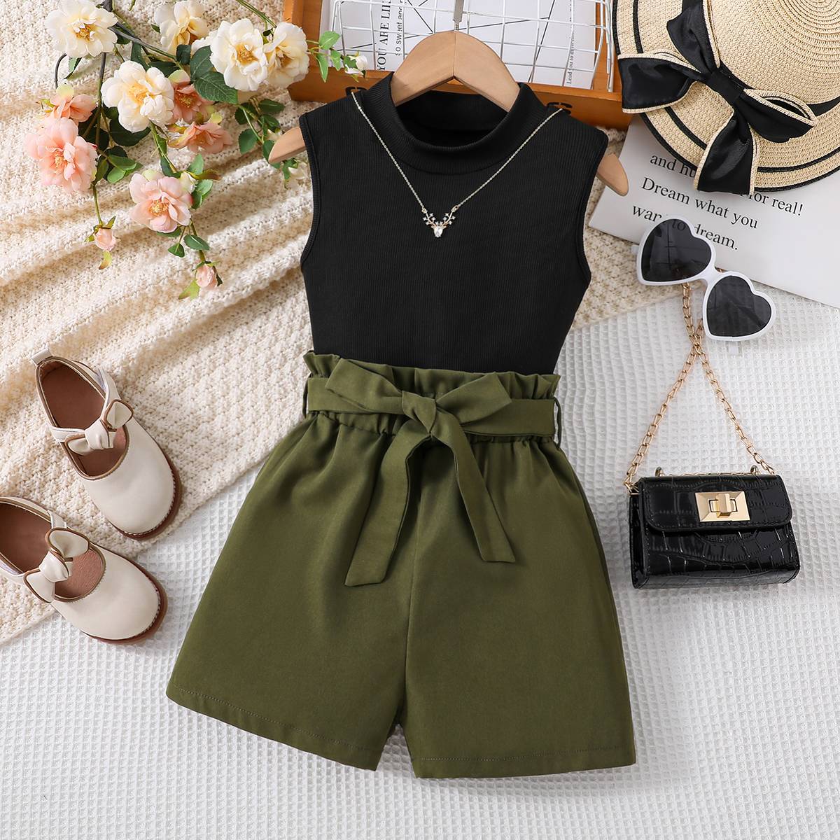 Mother & Kids Tween Girl Mock Neck Tank Top & Paperbag Waist Belted Shorts