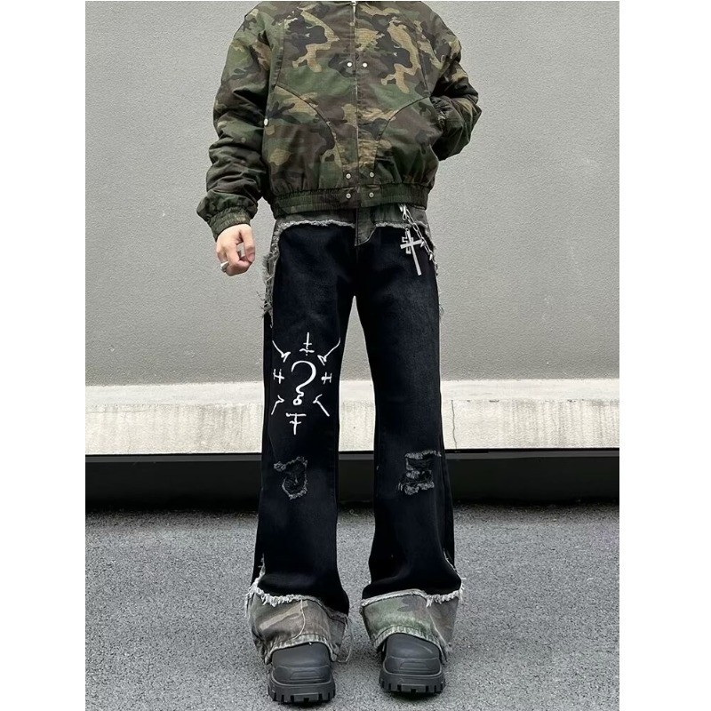 Men’s Clothing Regular Trendy Teenagers High Street Graffiti Camouflage Patchwork Jeans Men And Women Spring And Autumn Trousers Zipper Trend