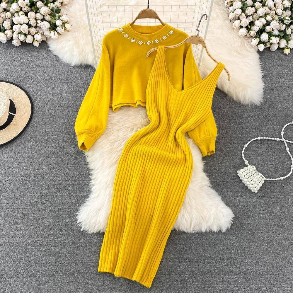 Women's Clothing Socialite style round neck beaded high waisted short navel baring sweater two piece