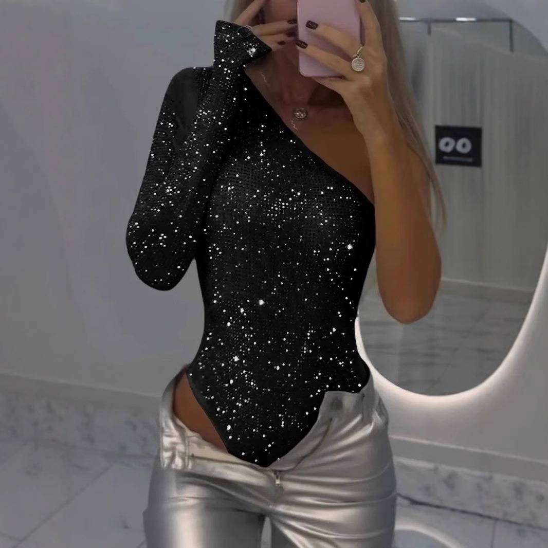 Women’s Clothing Spring And Summer Hot Girl Sexy One Shoulder Tight Rhinestone Sequin Top