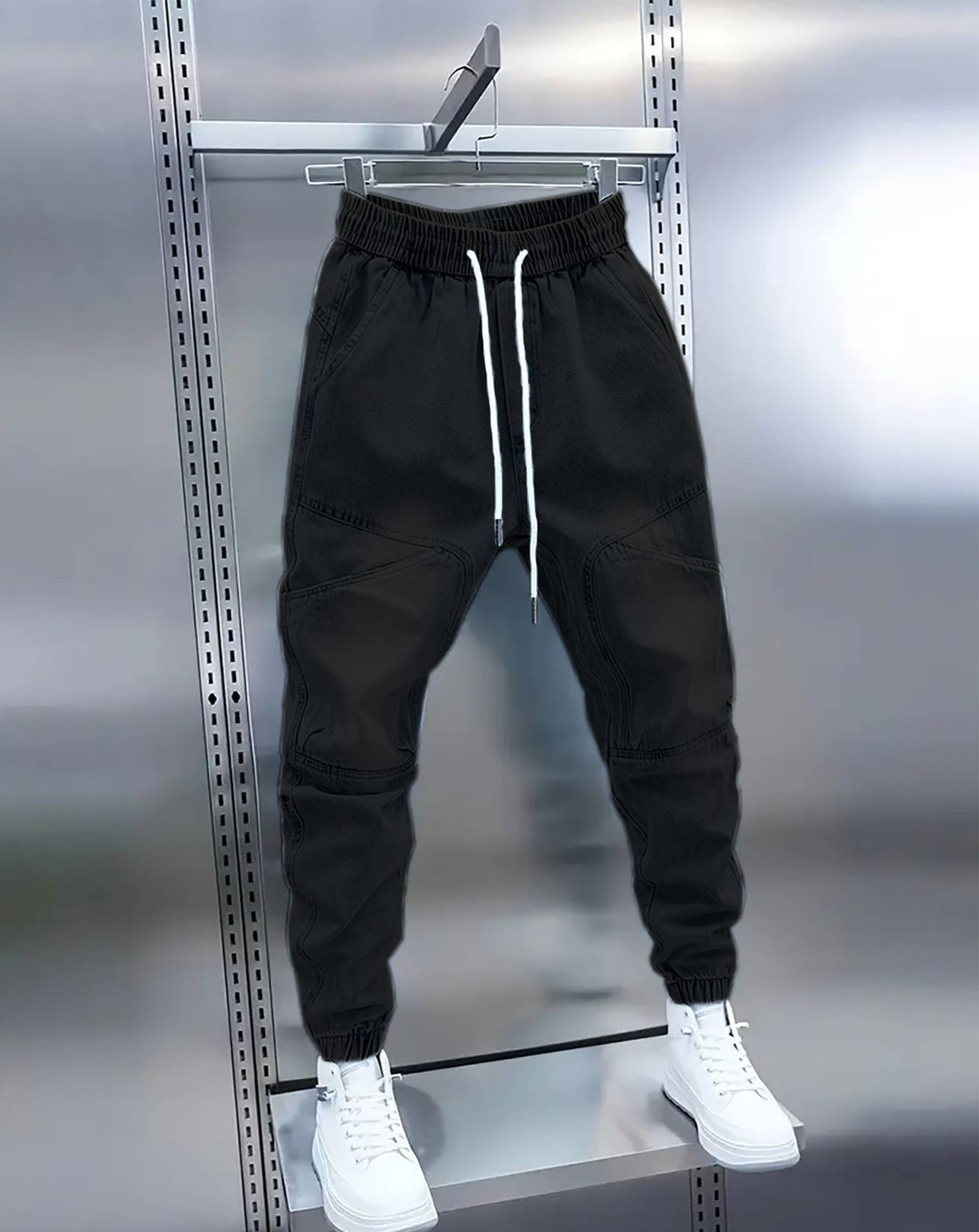 Men's Clothing New Light Blue Elastic Knee Drawstring Cargo Jeans For Men, Spring/Summer Style_voghion.com
