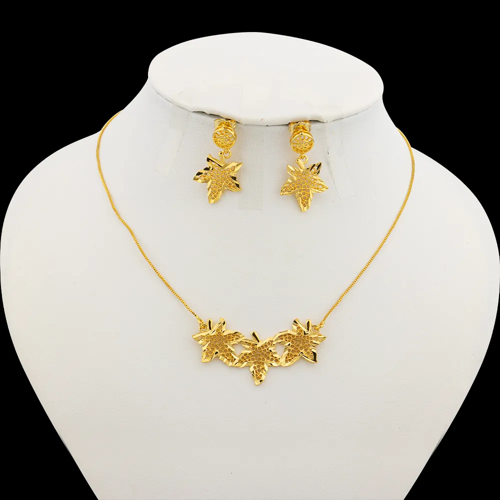 Set di gioielli color oro per matrimonio, orecchini con collana carina, fiore, foglia, stella, ciondolo, squisita catena a maglie, orecchini a bottone romantici_voghion.com