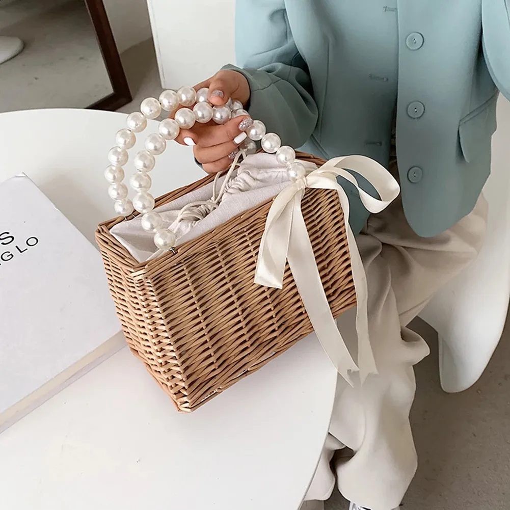 Damen Stroh und Handtaschen Sommer Rattan Handgemachte Tragetaschen Damen Bänder Sommer Strandkorb Perlen Reisetasche_voghion.com