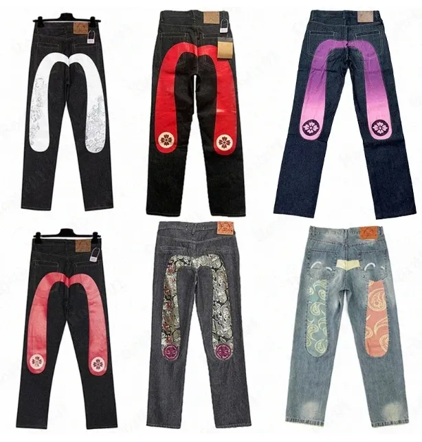 Mens Evisue M-shaped Embroidery Straight Tube Wide Leg Pants Long Edge Casual EV Jeans Men's High Hip-hop Street_voghion.com