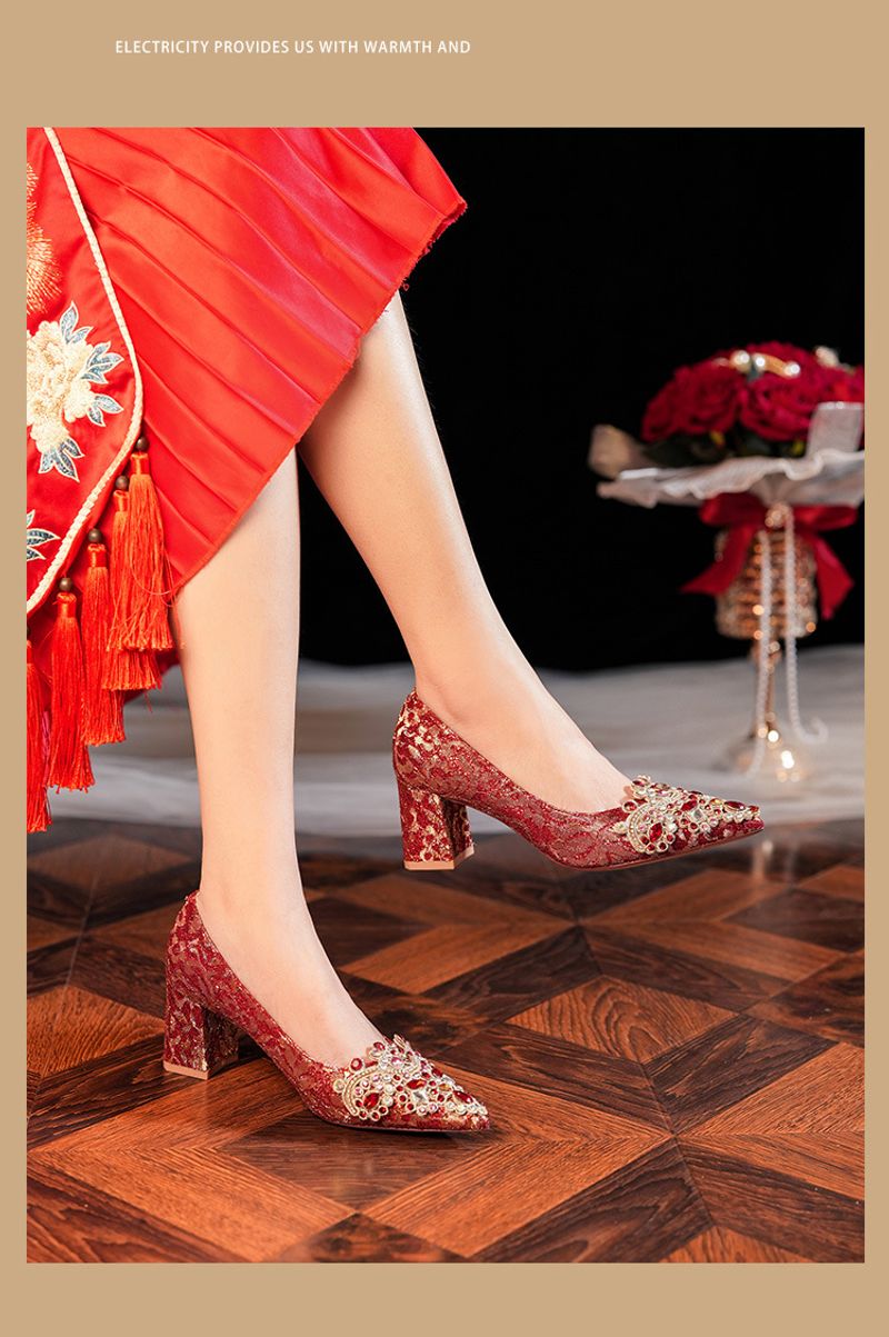 6555F-007 Dia Pointed Thick Women's High Heels Sequin Dress Red Wedding Bridal Single Shoes Goddess_voghion.com