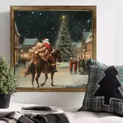 Tablou de perete din lemn cu Moș Crăciun cowboy de 20x20 cm - Moș Crăciun festiv din vest, cal călare sub stele. Decor unic de Crăciun, în stil rustic._voghion.com