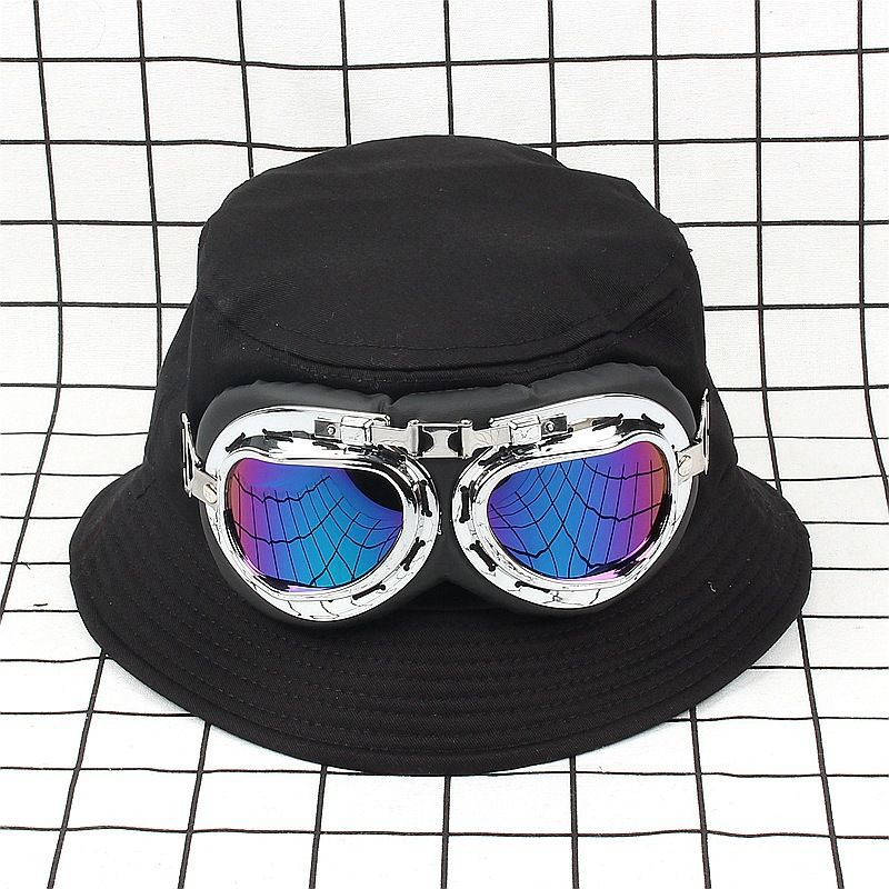 Occhiali da pilota personalizzati secchiello decorativo per uomo e donna cappello da bacino nero con parte superiore piatta alla moda di strada_voghion.com