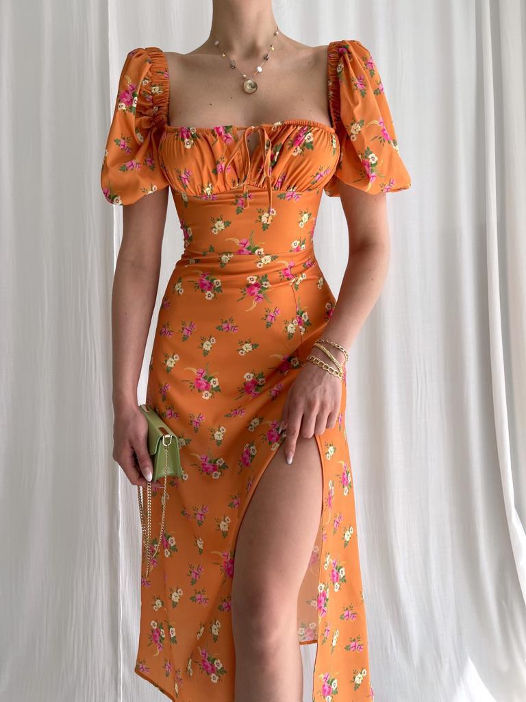 Damesjurk met bubbelmouwen, slanke pasvorm, sexy slanke zijsplit en print_voghion.com