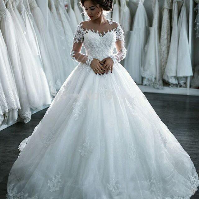 Ropa de mujer Vestido de novia de manga larga con cuello redondo y encaje Vestido de novia con cola