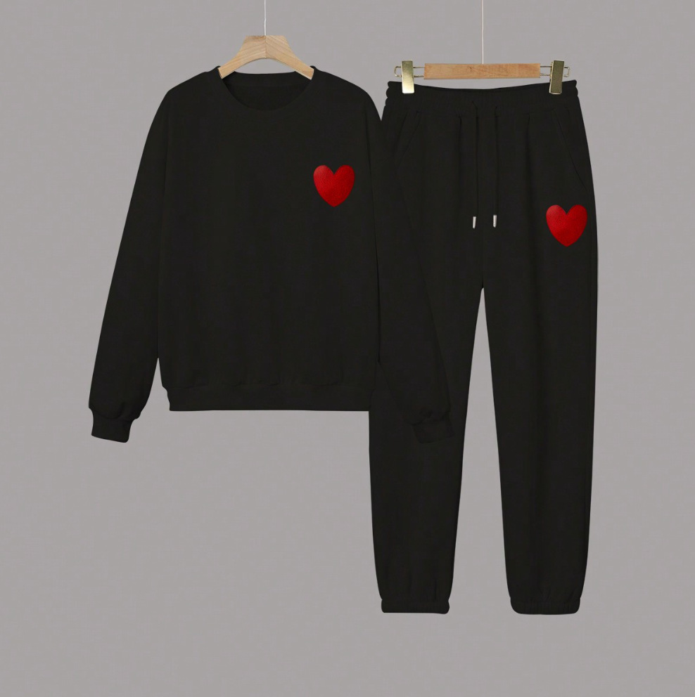 Damen Sweatshirt Und Jogginghose Set Mit Herzprint Loungewear_voghion.com