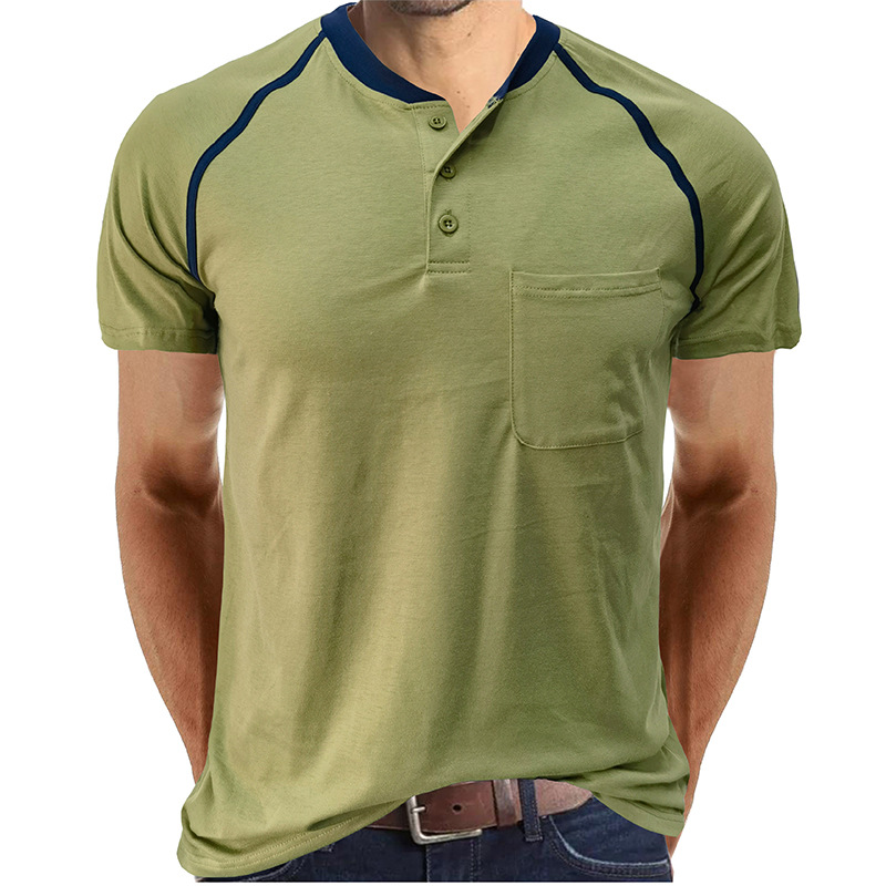 2023 summer short sleeved t-shirt men's Henley shirt color matching T-shirt men_voghion.com