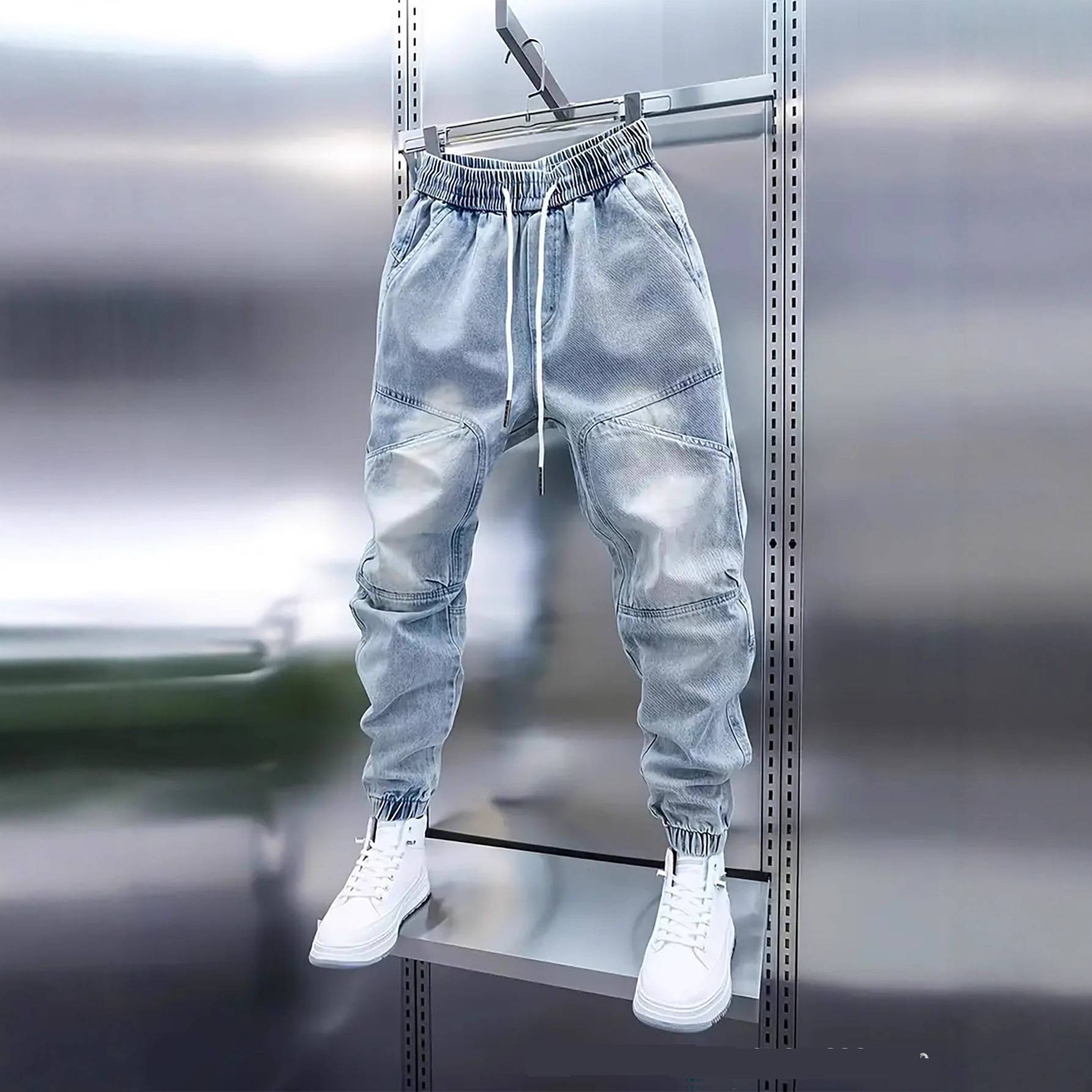 Men's Clothing New Light Blue Elastic Knee Drawstring Cargo Jeans For Men, Spring/Summer Style_voghion.com