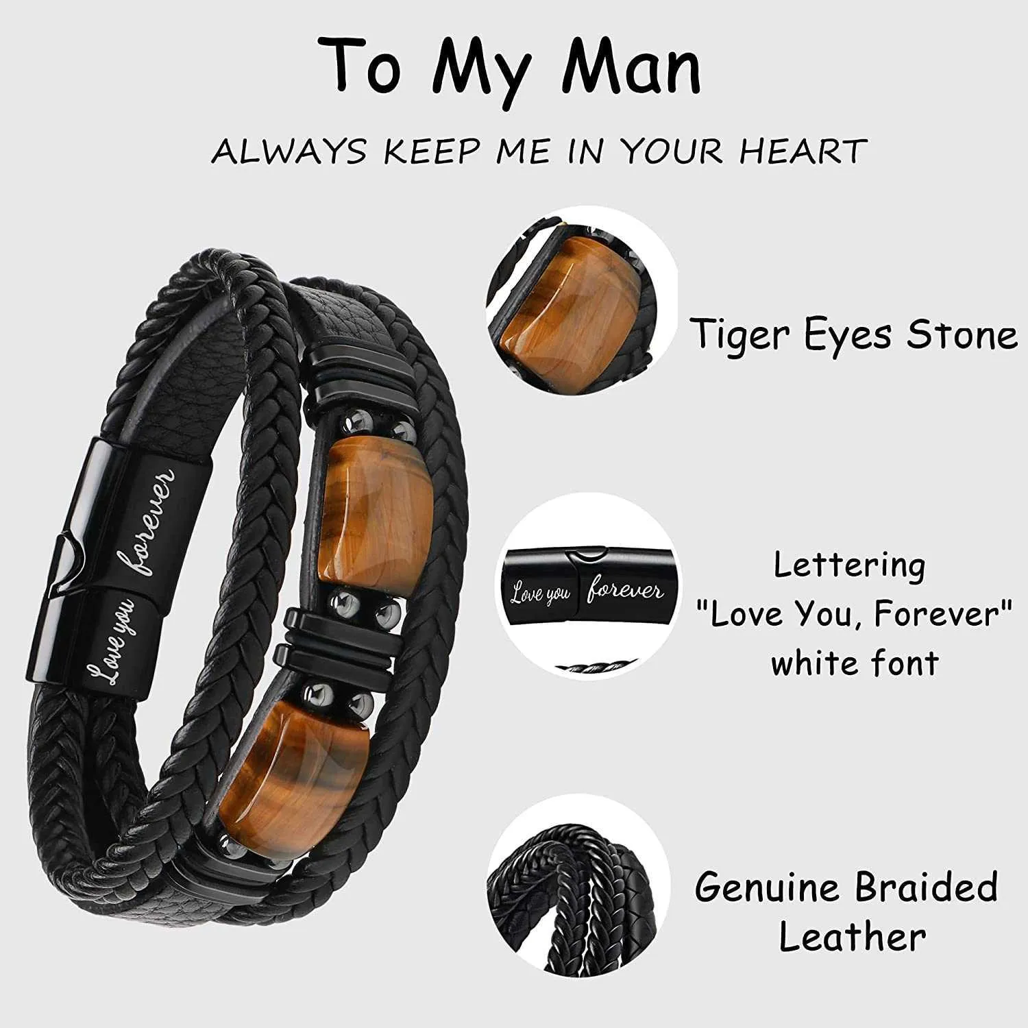Schwarze geflochtene Armbänder mit 2 Tigeraugen. Armband für Vater, Sohn, Freund, Ehemann, Bruder, Enkel. „To My“ (Liebe dich für immer)_voghion.com
