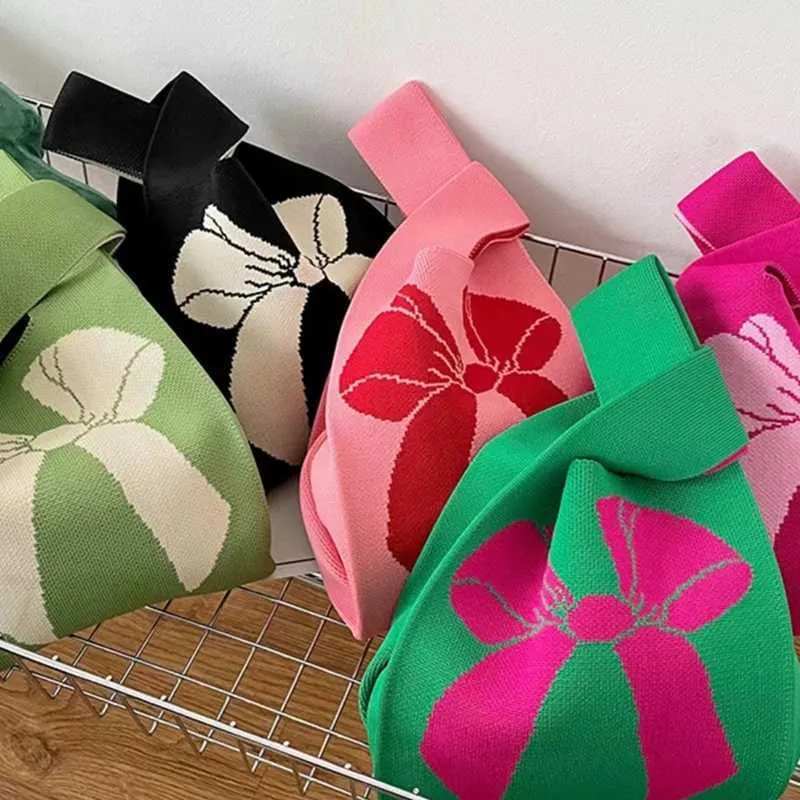 Frauen handgemachte knoten handgelenk CNew gestrickte casual kleine bogen handtasche für mädchen wiederverwendbare einkaufstasche Y241106_voghion.com