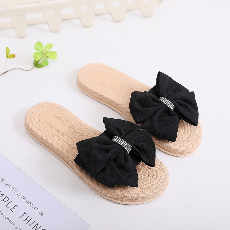 Nuevo Suela de cáñamo tejida de imitación de hierba para uso exterior, arrastre de una línea, zapatos planos de mujer a la moda de playa con diamantes_voghion.com