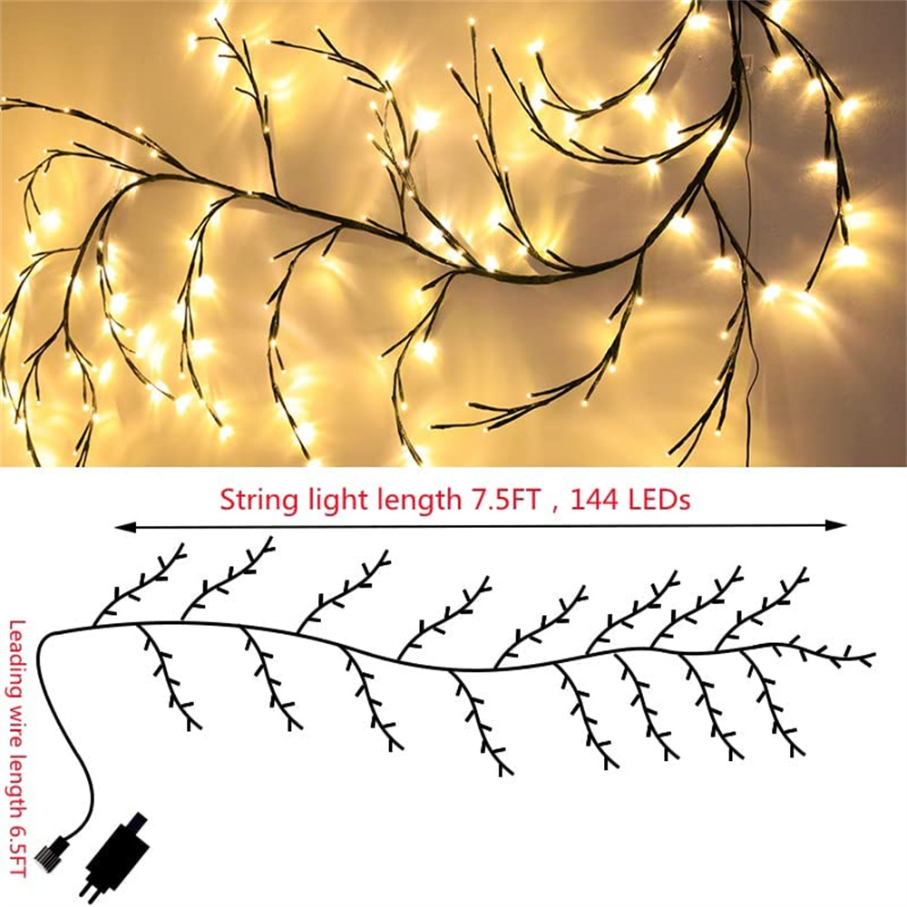 Guirlande lumineuse à 144 LED en forme de vigne de saule, guirlande lumineuse à faire soi-même, branches en rotin, bande lumineuse à LED pour décoration de chambre de Noël et de vacances_voghion.com