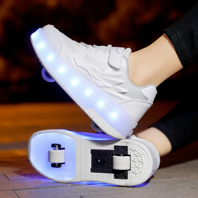 Kinderen Twee Wielen Lichtgevende Gloeiende Sneakers Zwart Roze Licht Roller Skate Kinderen Led Schoenen Jongens Meisjes USB Opladen_voghion.com