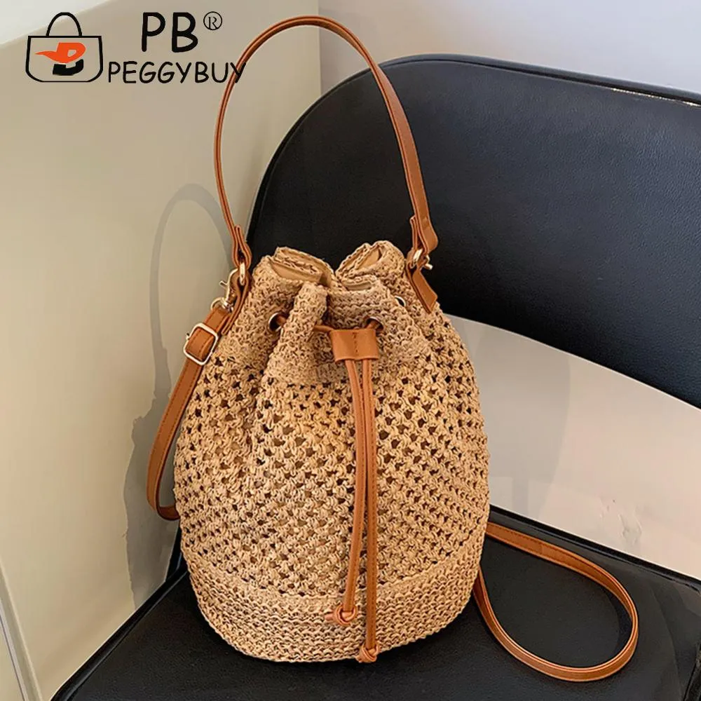 Summer Women Handbags Drawstring Straw Beach Crossbody Bags Adjustable Strap Fashion Casual Simple Elegant For Weekend_voghion.com