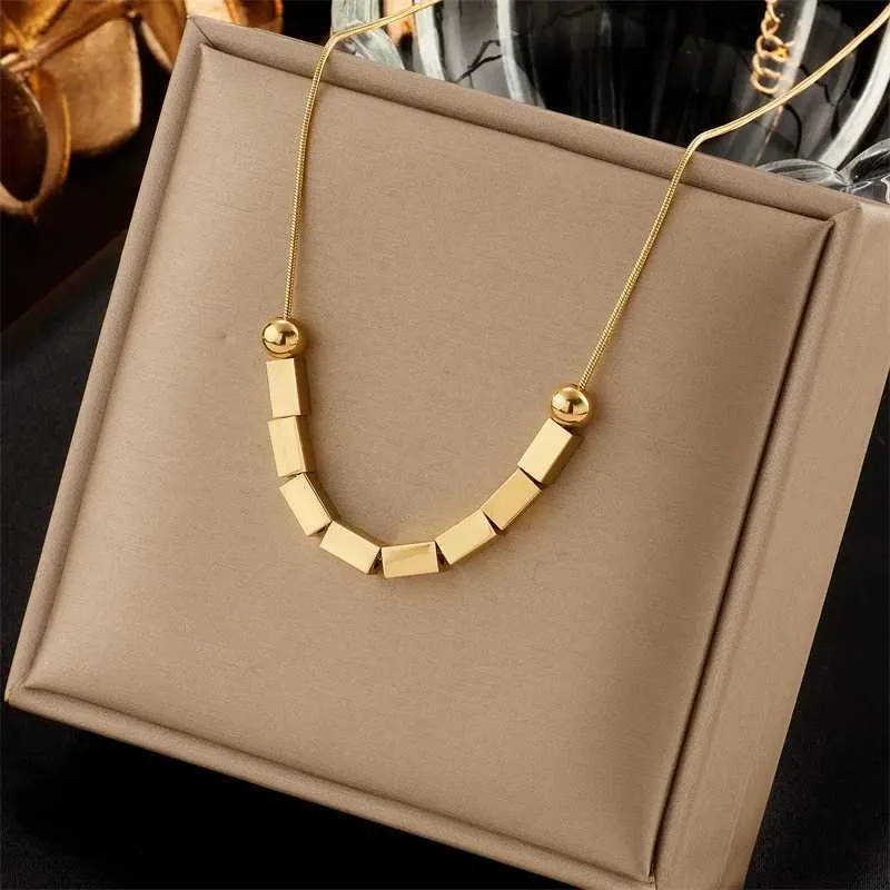 Colliers pendentifs tendance et simples, perles rondes carrées en acier inoxydable, style rétro, personnalité classique_voghion.com