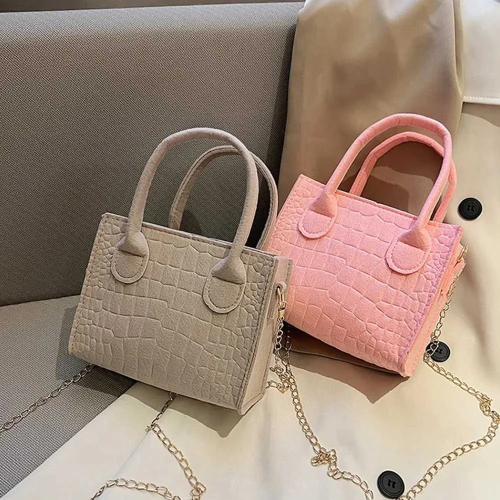 Damen Filz kleng véiereckeg populär Steenmodesch Textur Mini Kette Handtasche 2024 nei Damen Schëller Messenger Tasche Y241123_voghion.com