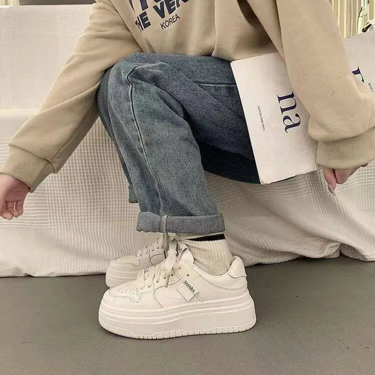 Zapatos blancos de suela gruesa para mujer, 2024, versátiles, de tiro alto, informales, para estudiantes, LHShoe_voghion.com