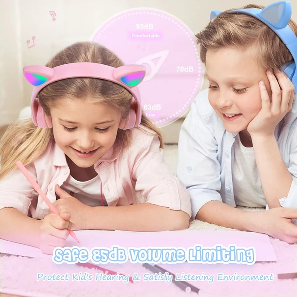 Cuffie rosa a forma di gatto, auricolari wireless RGB Bluetooth con microfono, regalo per bambini, musica stereo per iPhone, Xiaomi, supporto TF, MP3_voghion.com