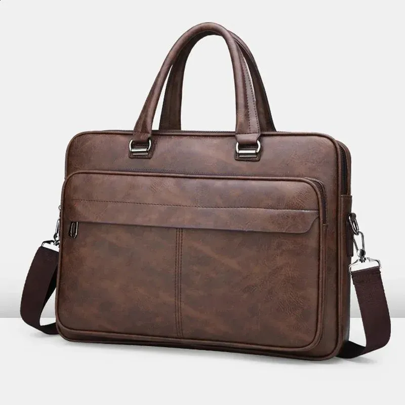 Sac à bandoulière en cuir PU grande capacité, portable, décontracté et étanche, pour hommes, porte-documents, sac pour ordinateur portable 240813_voghion.com