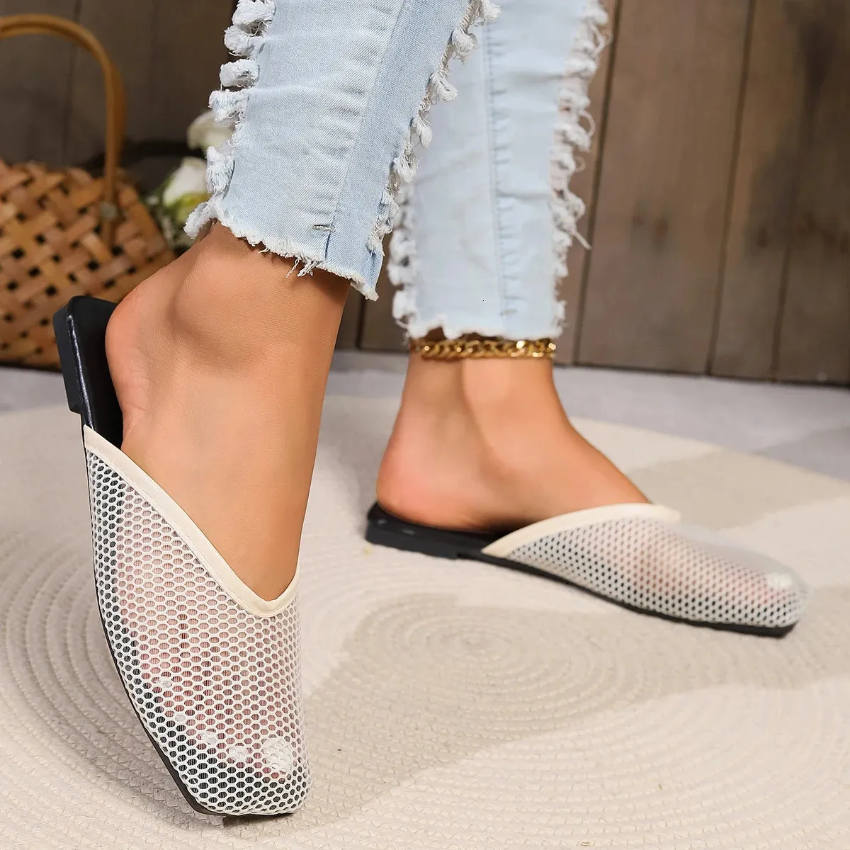 Muls Womn Shos Msh Summr Low Hl Slipprs Outdoor Sandals Koran Sxy Elgant Chic Squar To Slip On 240613_voghion.com