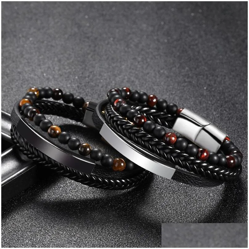 Multilayer Braided Leather Wrap Stone Lava Tiger Eye Natural Gemstone Bracelet Magnetic Clasp Bangle Cuff Wristband Drop_voghion.com