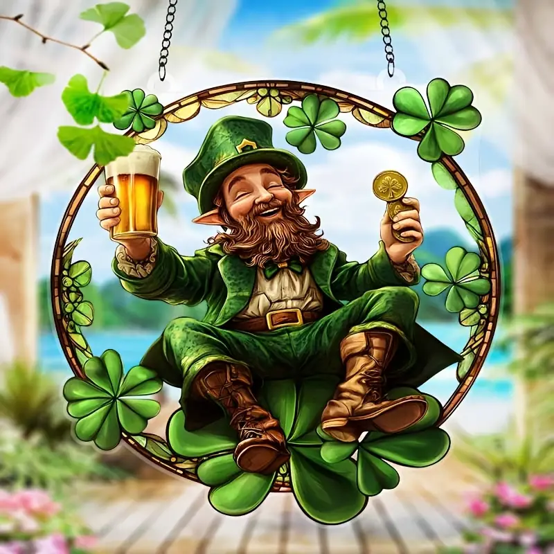 Gelukskabouter-zonnevanger - 23 cm gekleurd acrylkunstwerk. Feestelijke Ierse decoratie voor St. Patrick's Day of als decoratie voor in huis._voghion.com