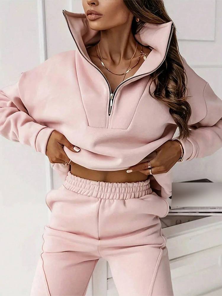 Damenbekleidung Mode Einfarbig Pendler Lässig Stehkragen Pullover Hose Set Zweiteiliges Set_voghion.com
