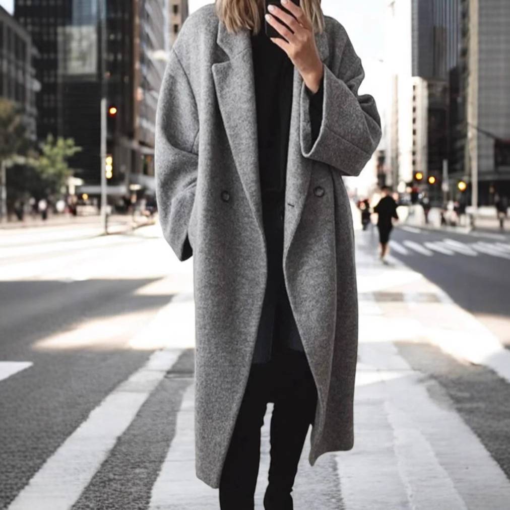 ​​"Elegant Long Wool Blend Trench Coat For Women - Slim Fit, Single-Breasted, Classic Lapel, Multiple Colors & Sizes (Black, Gray, Brown, Navy)"​​_voghion.com