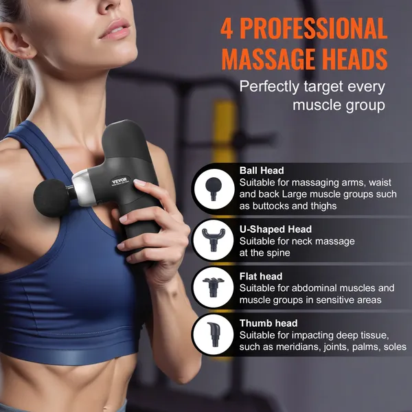 VEVOR Massage Gun Deep Tissue, Percussion Muscle Massager For Athletes - With 4 Speed Levels &amp; 4 Massage Heads, 7.4V 2500mAh Batteries, Handheld_voghion.com