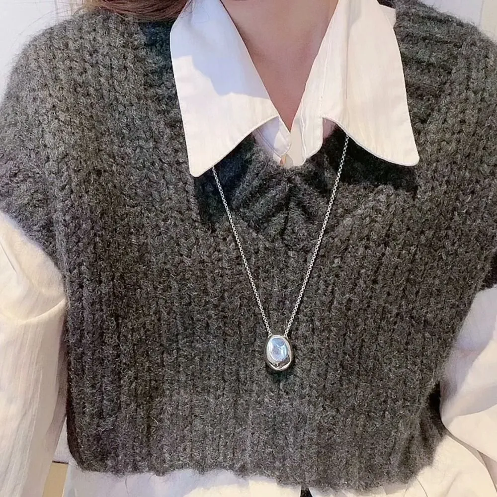 Ovaler Anhänger Mit Gebürsteter Metallkette Für Damen_voghion.com