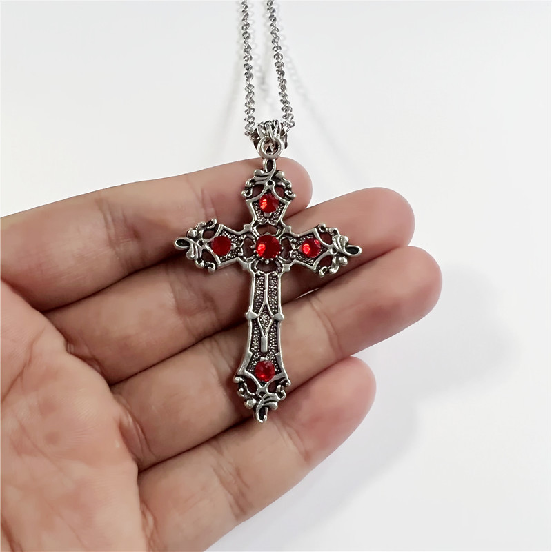 Necklaces Gothic Silver Crystal Baroque Cross Large Necklace_voghion.com