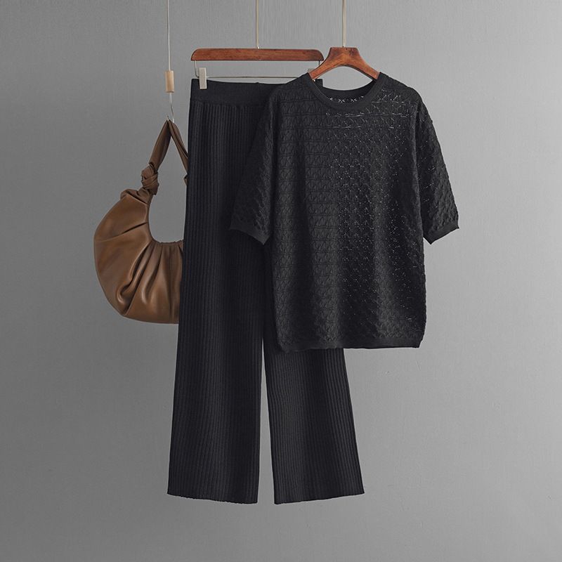 Pantaloni da donna nuovi, tinta unita, casual, scollo rotondo, alla moda, a maniche corte, in maglia, due pezzi_voghion.com