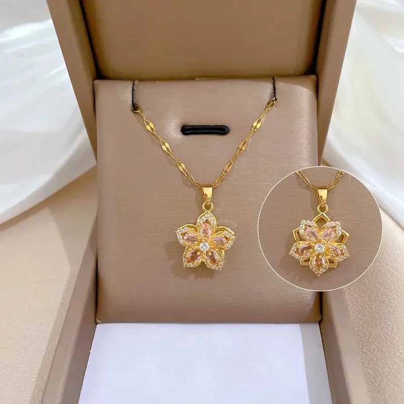 Halsketten mit Anhänger, exquisite, mikroverzierte, süße rosa Schmuckblumenhalskette, modischer, drehbarer Edelstahl_voghion.com