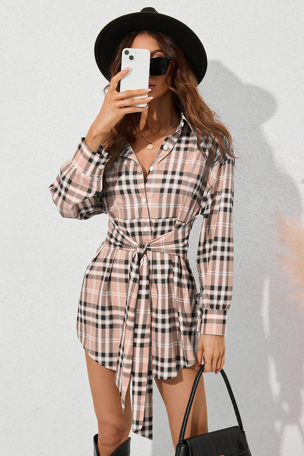 Abito monopetto a maniche lunghe a quadri da donna, autunno e inverno_voghion.com
