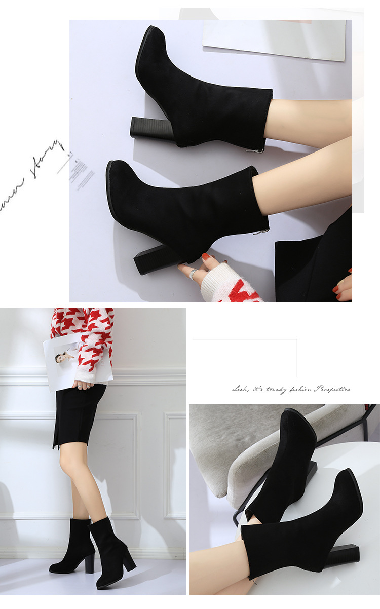 Bottes Martin à bout pointu et mi-tube pour femmes, talons hauts, à la mode, slim, fermeture éclair au dos, en daim, talon épais, nouvelle collection_voghion.com