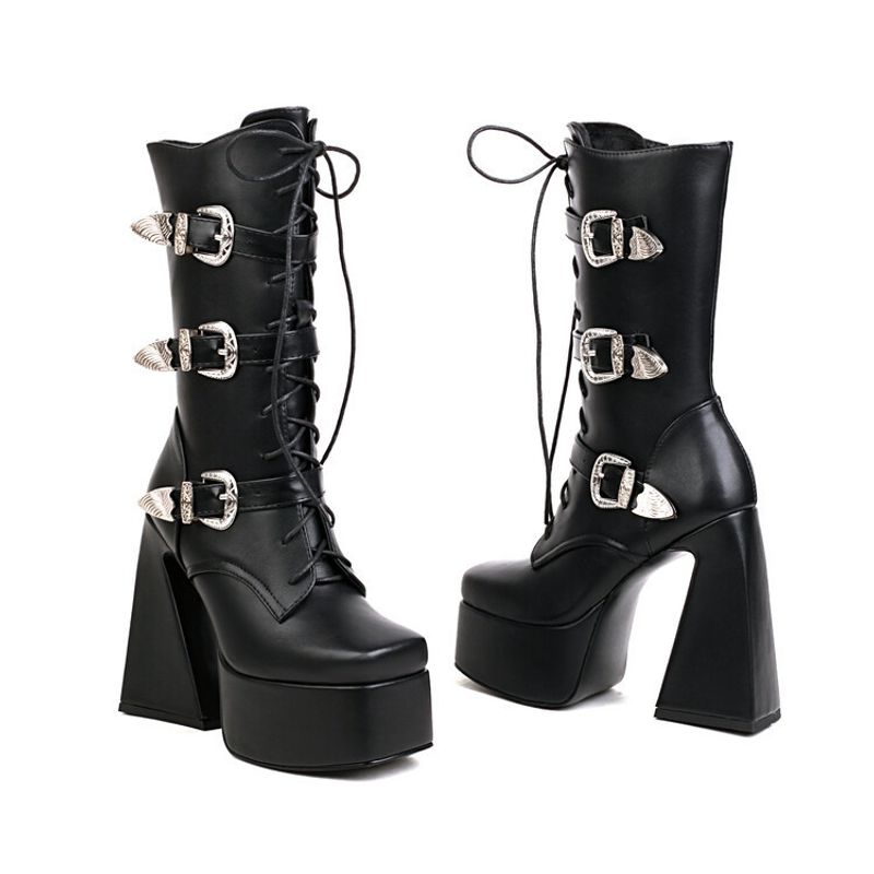 Damenstiefel mit hohen Absätzen und mittelhohen Absätzen im Punk-Street-Stil mit quadratischen Metallverschlüssen_voghion.com