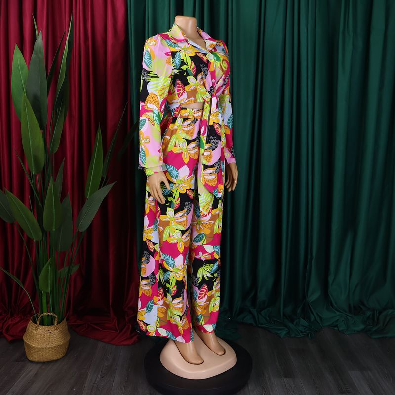 Women's Fashion Print Two-piece Lapel Tie Shirt Wide Leg Pants Suit_voghion.com