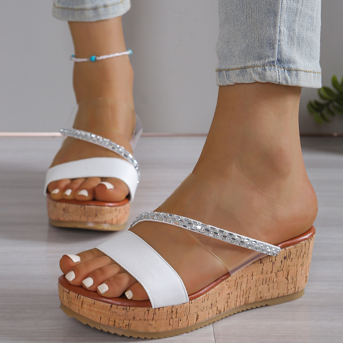 Women's Shoes Wedge Heel Sandals Transparent Strap Rhinestone Wedge Heel Sandals