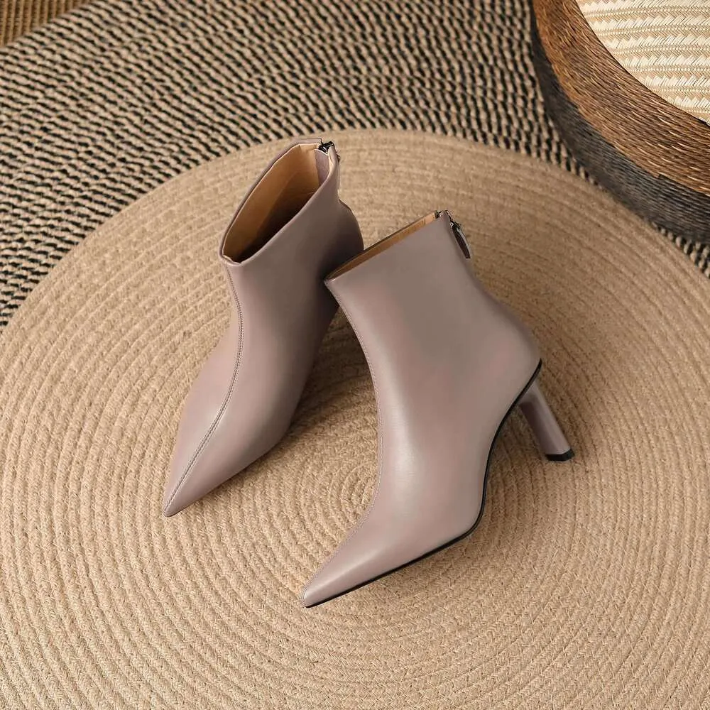 Cow Leather Pointed Toe High Heels Zipper Modern Warm Winter Shoes Concise Fashion Solid Elegant Ankle Boots_voghion.com