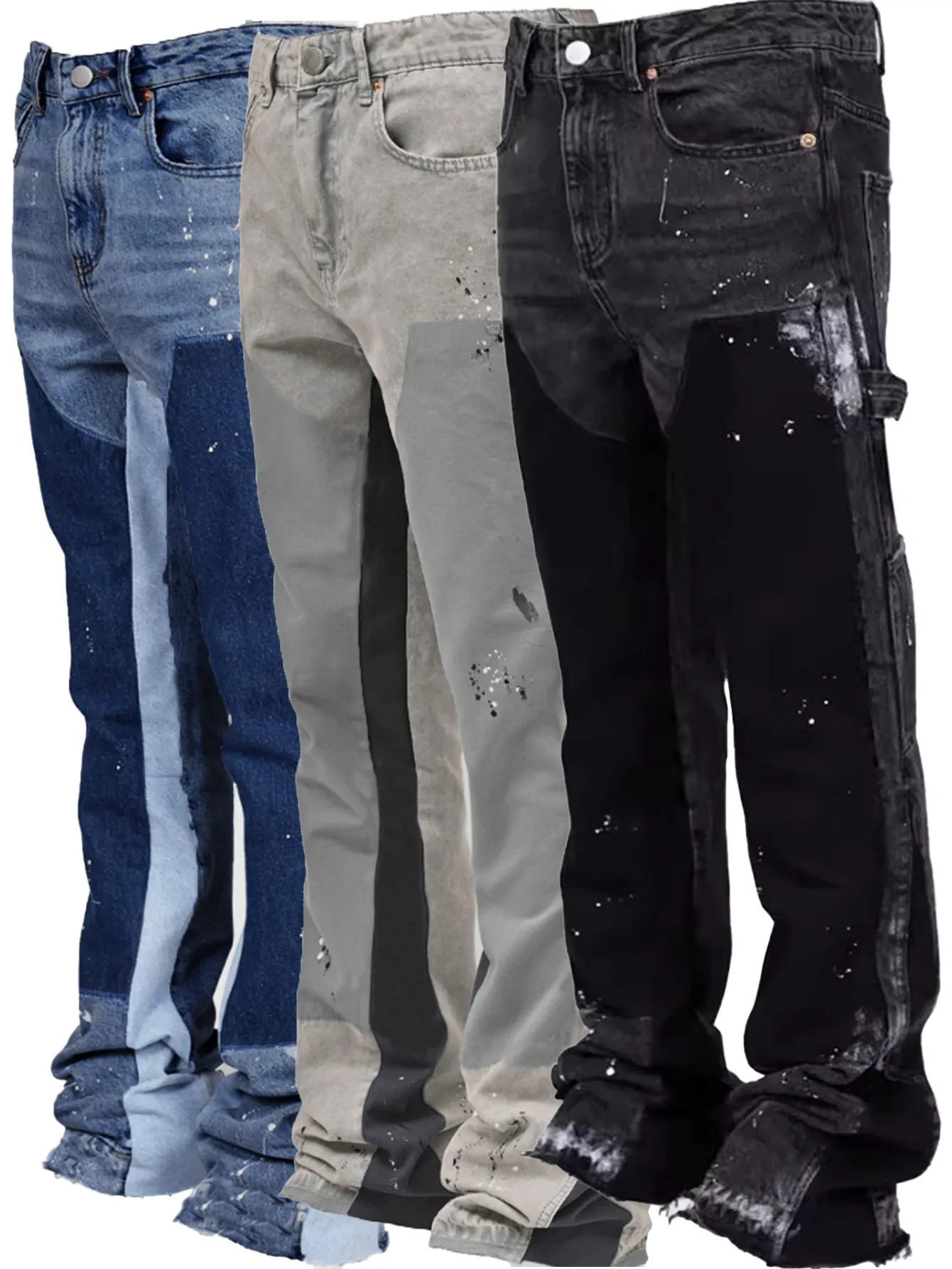 Men's Hand-Painted Flared Jeans - Black With Contrast Color Block Design, Retro Bootcut Trousers, Street Style Denim_voghion.com