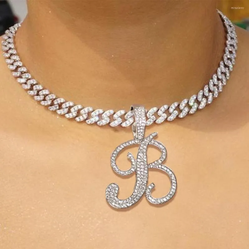 Chains 2023 Crystal Cursive Letters Pendant Necklace For Women Iced Out Rhinestones 26 Initials Cuban Link Chain_voghion.com
