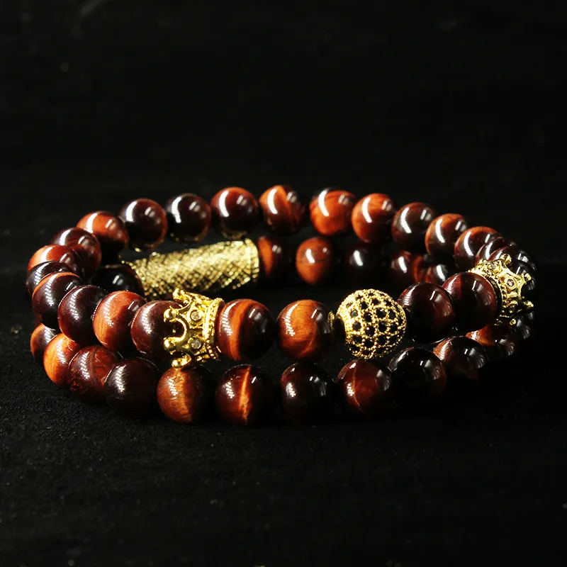 Set di braccialetti con perline di perle naturali di occhio di tigre da 2 pezzi/set, gioielli per uomo e donna, accessori per cinturino da polso in materiale elastico_voghion.com
