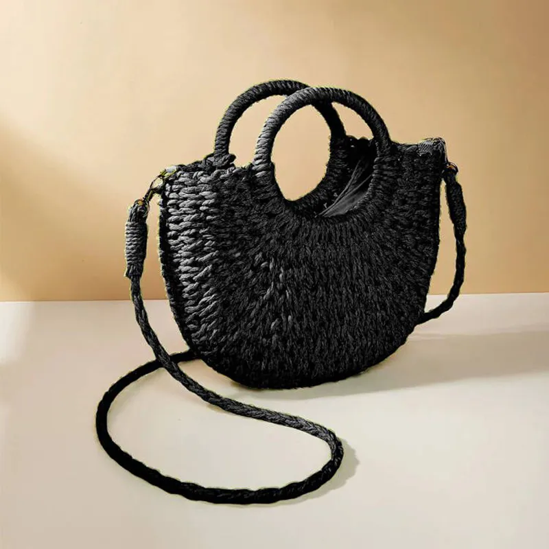 Sommer-Handgefertigte Taschen für Frauen, Weben, Damen, Strohumwickelte Strandtasche, Mondförmige Handtaschen mit Griff oben_voghion.com
