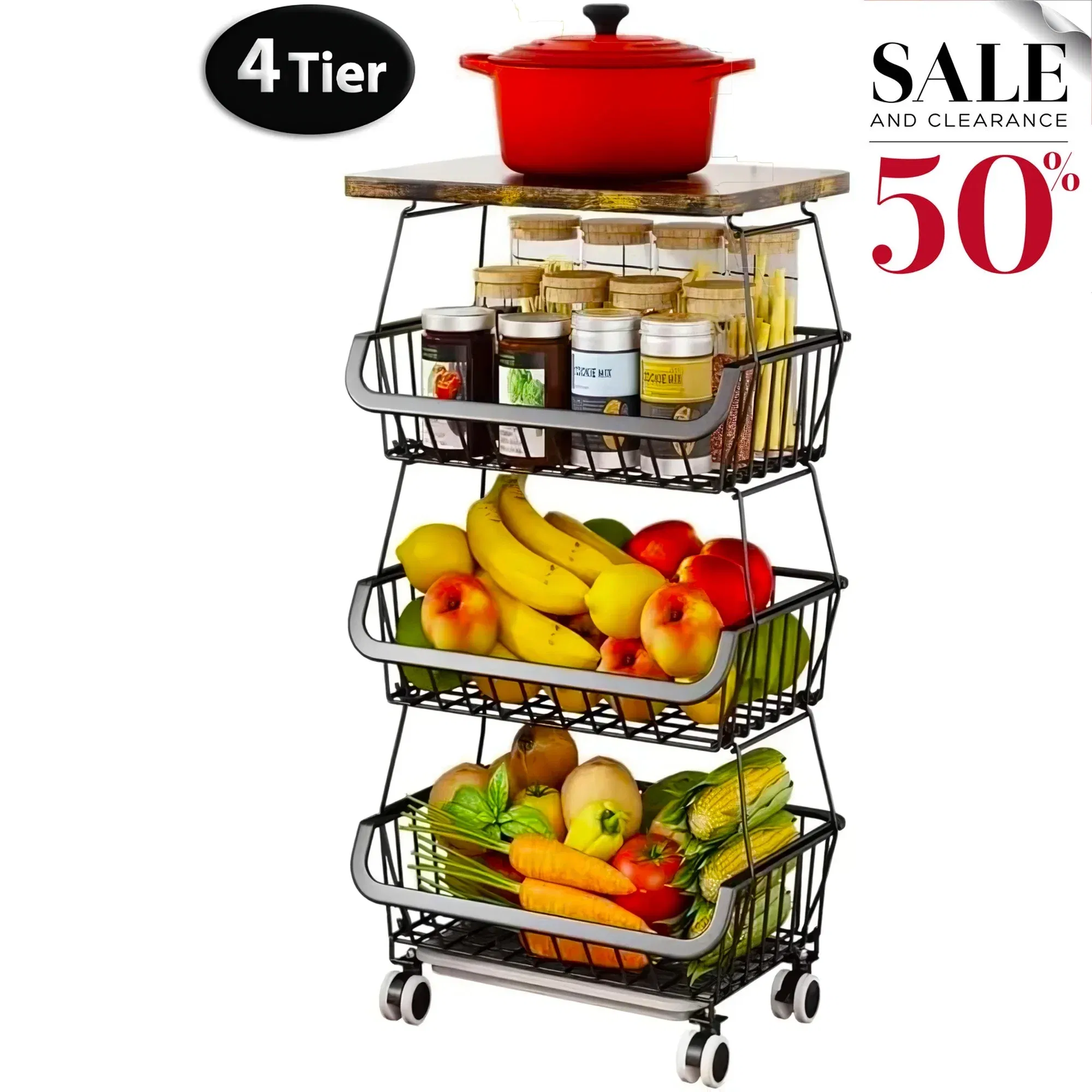 4/5/6 Tier Fruit Basket For Kitchen Organizers And Storage,with Solid Wood Top,Stackable Metal Wire Basket Stand Cart With Wheels For Fruit Vegetable_maomaolike.com