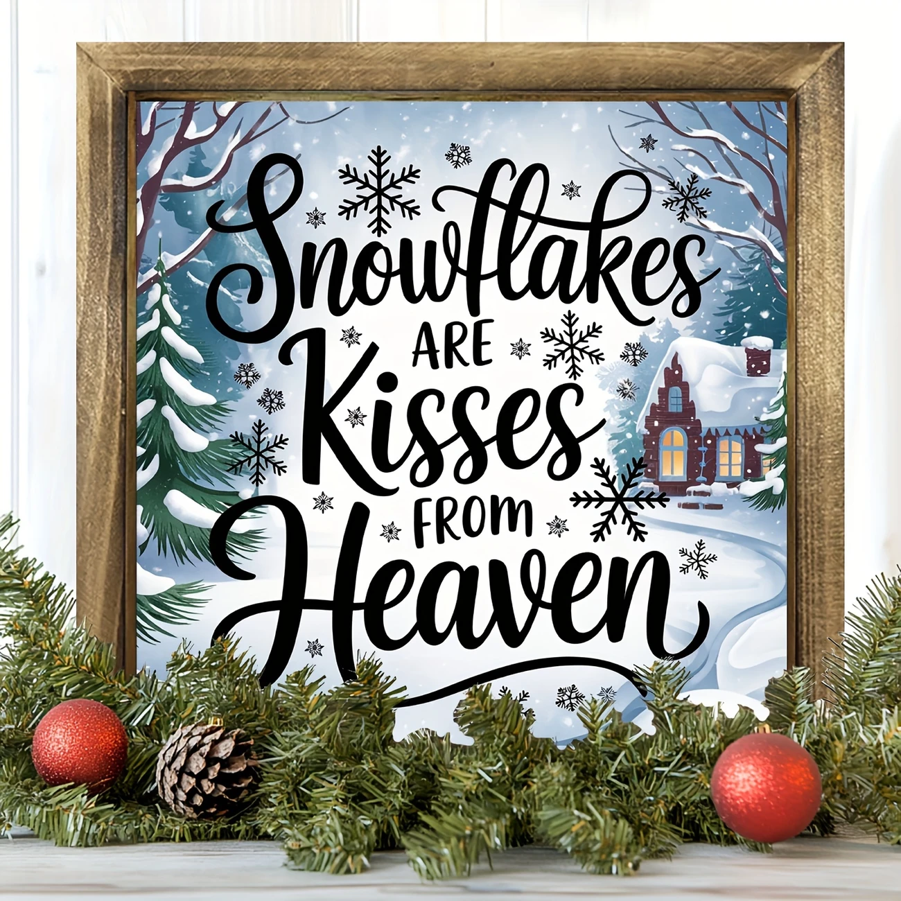 Rustic 'Snowflakes Are Kisses From Heaven' Wooden Frame - 8x8" Handcrafted Winter Decor. Perfect For Bedroom Or Festive Entryway._voghion.com